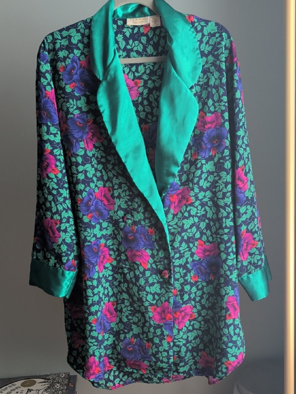 Vintage Gold Label Victoria's Secret Teal Satin-Trim Floral Sleep Robe Size M